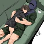  1boy 1girl absurdres admiral_(kancolle) balaclava black_pajamas black_shorts black_skirt blue_mask brown_hair calculator closed_eyes commentary_request couch danjou girl_on_top green_pajamas green_shirt green_shorts hair_ornament hairclip hands_on_another's_waist highres japanese_clothes jinbei_(clothes) kantai_collection leg_between_thighs light_blush lying mask medium_hair on_back on_couch on_stomach pajamas shirt shorts signature skirt sleeping sleeping_on_person striped_clothes striped_shirt striped_shorts yukikaze_(kancolle) 