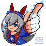  1girl animal_ears arm_up blue_eyes blue_hairband blue_jacket blue_sports_bra closed_mouth ear_covers fang fingerless_gloves freshcutsashimi gloves grey_hair hair_between_eyes hairband headband horse_ears horse_girl index_finger_raised jacket lightning_bolt_print lightning_bolt_symbol long_hair long_sleeves multicolored_hairband open_clothes open_jacket red_headband smile sports_bra striped_clothes striped_hairband tamamo_cross_(fast_as_lightning)_(umamusume) tamamo_cross_(umamusume) two-tone_hairband umamusume very_long_hair 