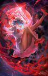  1girl absurdres artist_name ascot back_bow bat_wings blood blue_hair bow brown_pantyhose commentary commission english_commentary full_body full_moon hair_between_eyes hat hat_ribbon hemokinesis highres looking_at_viewer medium_hair mixed-language_commentary mob_cap moon nekondx pantyhose pink_hat pink_shirt pink_skirt puffy_short_sleeves puffy_sleeves red_ascot red_bow red_eyes red_moon red_shoes remilia_scarlet ribbon shirt shoes short_sleeves skirt skirt_set solo thighs touhou wings 