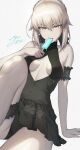 1girl absurdres artoria_pendragon_(fate) bare_shoulders black_one-piece_swimsuit breasts cleavage cleavage_cutout clothing_cutout commentary_request dress_swimsuit eating fate/grand_order fate_(series) food grey_hair hair_bun hair_ribbon highres looking_at_viewer medium_breasts medium_hair one-piece_swimsuit popsicle ribbon saber_alter saber_alter_(swimsuit_rider)_(first_ascension) sidelocks solo swimsuit yasu_(segawahiroyasu) yellow_eyes 
