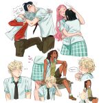  +++ alien_stage anakt_arts_high_school_uniform_(fading_youth) aqua_skirt black_hair black_necktie blush_stickers collared_shirt colored_eyelashes contrast_collar dark-skinned_female dark_skin desk english_text flying_sweatdrops green_shirt grey_hair hair_ornament hairclip heart highres hug hyuna_(alien_stage) hyuna_(zombie_stage) ivan_(alien_stage) ivan_(zombie_stage) knee_up layered_shirt long_hair long_sleeves luka_(alien_stage) luka_(zombie_stage) mizi_(alien_stage) mizi_(zombie_stage) multiple_boys necktie on_desk pants pink_hair plaid_clothes plaid_skirt pump_upthejam red_shirt school_desk school_uniform shirt short_hair shorts sitting skirt sleeves_rolled_up sua_(alien_stage) sua_(zombie_stage) till_(alien_stage) till_(zombie_stage) very_short_hair white_shirt zombie_stage 