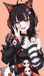 1girl ahoge animal_ear_headphones animal_ears arm_belt asymmetrical_sleeves bare_shoulders belt belt_collar black_choker black_hair black_nails black_sweater cat_ear_headphones cat_ears choker collar commentary_request eyeball_hair_ornament fake_animal_ears headphones highres long_sleeves looking_at_viewer mahou_shoujo_no_majo_saiban multicolored_hair nail_polish off-shoulder_sweater off_shoulder open_mouth orange_background orange_eyes orange_nails orange_streaks sawatari_coco sharp_teeth shipua_(the_worst_night_ever) shirt short_hair simple_background single_bare_shoulder skirt_under_dress skull sleeveless sleeveless_shirt solo streaked_hair striped_sleeves stuffed_animal stuffed_cat stuffed_toy sweater teeth upper_body white_shirt 