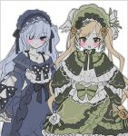  2girls bare_shoulders black_bow black_bowtie black_capelet black_flower black_ribbon black_rose blonde_hair blue_dress blue_hairband bonnet bow bow_flower bowtie capelet collarbone commentary crescent crescent_necklace dot_nose dress dress_bow flower frilled_capelet frilled_dress frilled_hairband frilled_skirt frilled_sleeves frills gothic_lolita green_bonnet green_eyes hair_flower hair_ornament hair_over_one_eye hair_ribbon hairband hands_on_own_hips highres i_became_a_dog jewelry layered_dress lolita_fashion lolita_hairband long_hair long_sleeves looking_at_viewer mahou_shoujo_no_majo_saiban multiple_girls natsume_an-an necklace off-shoulder_dress off_shoulder open_mouth polka_dot polka_dot_bow purple_eyes ribbon rose simple_background skirt sleeve_bow sleeves_past_fingers sleeves_past_wrists tono_hanna tulip twintails two-tone_dress untranslatable_commentary white_background white_flower white_hair white_rose white_tulip wide_sleeves winged_hat yellow_flower yellow_rose 