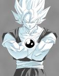  absurdres amayuki318 biceps broad_shoulders candy commentary_request crossed_arms dougi dragon_ball dragon_ball_z earrings food gloves grey_background hair_behind_ear highres jewelry light_smile looking_at_viewer martial_arts_belt monochrome muscular muscular_male orb parted_bangs pectorals potara_earrings short_sleeves simple_background sleeveless super_saiyan thick_eyebrows thick_neck undershirt upper_body vegetto white_gloves 