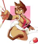  1girl alternate_costume animal_ears body_fur breasts brown_fur brown_hair cat_ears cat_girl cat_tail cleavage closed_mouth commentary cosplay english_commentary furry furry_female gameoverse hand_fan highres holding holding_fan kit_bodega large_breasts looking_at_viewer no_bra noir_(noirchaton) paper_fan pink_eyes shiranui_mai shiranui_mai_(cosplay) smile solo tail the_king_of_fighters 