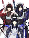  2girls absurdres apron araya_(project_moon) bad_anatomy bad_hands black_kimono blue_eyes blue_hair broom candy commentary demon_girl demon_horns demon_tail demon_wings food frilled_apron frills frown hands_on_own_hips highres holding holding_broom holding_candy holding_food holding_lollipop horns japanese_clothes kimono limbus_company lollipop long_hair looking_at_viewer maid maid_headdress multicolored_hair multiple_girls nishikujic official_alternate_costume pinky_(identity)_(project_moon) project_moon red_eyes red_hair ryoshu_(project_moon) short_hair signature simple_background single_horn smile streaked_hair sword sword_on_back tail wa_maid weapon weapon_on_back white_apron white_background white_headdress wide_sleeves wings 