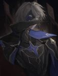 1boy absurdres artist_name black_background black_cloak black_mask black_shirt blonde_hair blue_cloak blue_eyes cloak collared_cloak covered_collarbone covered_mouth dainsleif_(genshin_impact) english_commentary genshin_impact hair_between_eyes half_mask high_collar highres looking_at_viewer lostseqia male_focus mask shirt short_hair simple_background solo star-shaped_pupils star_(symbol) sun_symbol symbol-shaped_pupils turtleneck turtleneck_shirt two-sided_cloak two-sided_fabric upper_body 