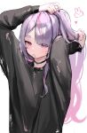  1girl arm_up asymmetrical_bangs black_choker black_nails black_sweater choker closed_mouth commentary commentary_request hair_tie_in_mouth hand_up heart highres long_hair long_sleeves looking_at_viewer mixed-language_commentary mouth_hold multicolored_hair nakony pink_eyes pink_hair purple_hair rabbit_symbol simple_background solo streaked_hair sweater torn_clothes tosaki_mimi tying_hair variant_set virtual_youtuber vspo! white_background 