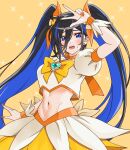  1girl abs alternate_hairstyle aqua_gem arm_up ayase_yuu ayase_yuu_(2nd_costume) black_hair blue_eyes blue_hair blue_streaks blush bow brooch colored_inner_hair commentary_request cosplay crop_top cropped_shirt cure_sunshine cure_sunshine_(cosplay) double-parted_bangs earrings embarrassed flower_skirt frilled_wrist_cuffs frills gem hair_ribbon heart heart_brooch heartcatch_precure! highres jewelry long_bangs long_hair looking_at_viewer magical_girl maximum_pamyu midriff multicolored_hair nail_polish navel neck_ribbon no_tattoo open_mouth orange_nails orange_ribbon orange_wrist_cuffs overskirt phase_connect precure puffy_short_sleeves puffy_sleeves ribbon shirt shirt_bow short_sleeves skirt solo sparkle_background streaked_hair stud_earrings sweatdrop teeth twintails two-tone_wrist_cuffs upper_teeth_only v very_long_hair virtual_youtuber white_shirt white_skirt white_wrist_cuffs wrist_cuffs yellow_background yellow_bow yellow_skirt 