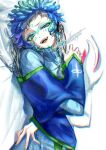  1other aqua_eyes blanket commentary facial_mark feathers gnosia green_nails grey_background grey_hair hand_on_own_hip hand_on_own_shoulder headphones lu_lamup lying medium_hair on_bed open_mouth raqio short_bangs simple_background slit_pupils smile solo teeth tongue 