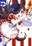  1girl animal_ears apron black_shoes blue_flower blue_rose brown_hair bucket_of_chicken chicken_(food) chicken_sandwich colonel_sanders colonel_sanders_(cosplay) commentary_request cosplay dress employee_uniform falling fast_food fast_food_uniform flipped_hair flower food fried_chicken gold_ship_(umamusume) hair_over_one_eye hat hat_flower highres horse_ears horse_girl horse_tail kfc long_hair purple_eyes red_dress rice_shower_(umamusume) rose shoes short_sleeves solo striped_clothes striped_dress tail thighhighs tilted_headwear uki_(uotoradou) umamusume vertical-striped_clothes vertical-striped_dress white_apron white_thighhighs white_wrist_cuffs wrist_cuffs 