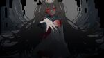  1girl absurdres ami_b1196260828 arm_at_side atri atri-my_dear_moments- black_ribbon blood blood_on_clothes blood_on_face blue_sailor_collar bright_pupils brown_hair chinese_commentary closed_mouth colored_eyelashes commentary_request cowboy_shot dark dark_persona dress expressionless eyelashes floating_hair glowing glowing_eye grey_background hair_between_eyes hair_ribbon highres long_hair long_sleeves looking_at_viewer neckerchief outstretched_arm outstretched_hand reaching reaching_towards_viewer red_eyes red_neckerchief ribbon sailor_collar sailor_dress short_dress sidelocks simple_background solo two_side_up very_long_hair white_dress white_pupils 