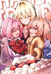  3girls absurdres amaori_renako ashigaya_high_school_uniform birthday_cake blonde_hair blush bouquet bow bowtie braid brown_hair cake collared_shirt commentary food girl_sandwich hair_intakes hair_ornament hairclip highres long_hair medium_hair multiple_girls open_mouth ouzuka_mai pink_hair pokashikiked4m4 red_bow red_bowtie sandwiched school_uniform sena_ajisai shirt smile untranslatable_commentary watashi_ga_koibito_ni_nareru_wake_naijan_murimuri! x_hair_ornament yuri 