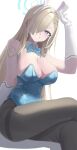  1girl animal_ear_hairband animal_ears asuna_(blue_archive) asuna_(bunny)_(blue_archive) bare_shoulders blonde_hair blue_archive blue_bow blue_bowtie blue_eyes blue_halo blue_leotard blush bow bowtie breasts cleavage commentary_request crossed_legs detached_collar fake_animal_ears gloves grin hair_over_one_eye hair_ribbon hairband halo highres large_breasts leotard long_hair looking_at_viewer mixjuice pantyhose playboy_bunny rabbit_ear_hairband rabbit_ears ribbon sitting smile solo thighband_pantyhose thighs very_long_hair white_gloves 
