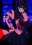  1girl bags_under_eyes black_eyes black_hair black_skirt blue_screen_of_death bob_cut closed_eyes commentary dark empty_eyes english_text frown glitch hair_between_eyes hair_in_own_mouth hand_on_own_hip hand_up head_tilt highres indoors juliet_sleeves kouichi_(remember_ko1ch1) long_sleeves looking_at_viewer loose_hair_strand messy_hair monogatari_(series) oshino_ougi owarimonogatari parted_lips pink_shirt pleated_skirt puffy_long_sleeves puffy_sleeves red_trim shirt short_hair skirt sleeves_past_fingers sleeves_past_wrists smile solo standing window 