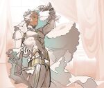  1boy archer_(fate) bbbashong bodysuit bridal_veil chastity_belt commentary_request cosplay cowboy_shot curtains dark-skinned_male dark_skin fate/grand_order fate_(series) flower highres korean_commentary lock male_focus manboobs nero_claudius_(bride)_(fate) nero_claudius_(bride)_(fate)_(cosplay) nero_claudius_(fate) padlock padlocked_collar short_hair solo toned toned_male veil white_bodysuit white_hair white_veil 