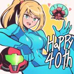  1girl alien assault_visor blonde_hair blue_eyes border breasts commentary covered_navel english_text green_assault_visor happy_anniversary heart helmet large_breasts long_hair looking_at_viewer mandibles metroid metroid_(creature) metroid_larva mole mole_under_mouth nuclei open_mouth pechamaju pink_border ponytail red_helmet samus_aran science_fiction smile teeth upper_teeth_only waving yellow_background zero_suit 