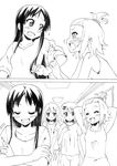  akiyama_mio alternate_hairstyle blush comic greyscale hairband hairband_removed headwear_removed high_ponytail hime_cut hirasawa_yui holding k-on! kotobuki_tsumugi long_hair monochrome multiple_girls nome_(nnoommee) silent_comic tainaka_ritsu topknot 