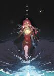  1girl black_gloves brown_cloak cloak commentary_request copyright_name dress english_text frederica_aesfrost full_body gloves green_eyes highres holding holding_lantern lantern long_hair nichi_(hibi_suimin) pink_hair red_dress solo tagme triangle_strategy vertical_text water 