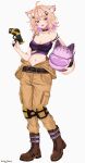  1girl absurdres ahoge animal_ear_fluff animal_ears belt blonde_hair boots breasts brown_boots camisole cat_ears cat_girl choker cleavage colored_inner_hair commentary english_commentary facial_mark full_body highres indie_virtual_youtuber jumpsuit jumpsuit_around_waist looking_at_viewer medium_breasts multicolored_hair navel open_mouth purple_camisole purple_eyes purple_hair shiorina shyrei_faolan simple_background solo standing virtual_youtuber whisker_markings white_background 