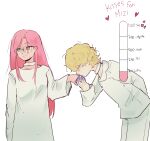  1boy 1girl absurdres alien_stage anakt_garden_uniform arm_behind_back blonde_hair colored_extremities dress english_commentary english_text glasses green_eyes heart highres kiss kiss_meter_(meme) kissing_hand long_hair long_sleeves luka_(alien_stage) meme michi_mimi mizi_(alien_stage) pants pink_hair shirt short_hair very_long_hair white_background white_dress white_pants white_shirt yellow_eyes 