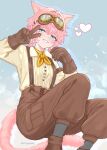  1girl animal_ears blue_eyes brown_gloves brown_pants buttons cargo_pants cat_ears cat_girl cat_tail collared_shirt commentary diagada final_fantasy final_fantasy_xiv freckles gloves goggles goggles_on_head grey_socks grin hands_up heart highres long_sleeves looking_at_viewer low_twintails miqo'te neckerchief pants pink_hair pink_tail shirt short_hair short_twintails smile socks solo suspender_pants suspenders tail twintails twitter_username v visna_(ff14) yellow_neckerchief yellow_shirt 