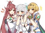  3girls animal_ears blonde_hair blush bob_cut breasts cat_ears glimmer_(xenoblade) grey_hair half-siblings kamaniki long_hair mio_(xenoblade) multiple_girls ponytail red_hair shimmer_(xenoblade) short_hair siblings simple_background sisters smile white_background xenoblade_chronicles_(series) xenoblade_chronicles_3 xenoblade_chronicles_3:_future_redeemed yellow_eyes 