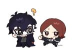  2boys ? amamiya_ren artist_name black_eyes black_hair brown_eyes brown_hair chibi commentary_request confused fighting_stance in-franchise_crossover joker_(persona_5) looking_at_another mask multiple_boys name_connection persona persona_2 persona_5 pop14bc school_uniform seven_sisters_high_school_uniform short_hair suou_tatsuya sweat 