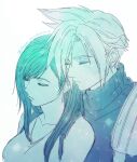  1boy 1girl bare_shoulders breasts closed_eyes closed_mouth cloud_strife collarbone commentary_request earrings eyelashes final_fantasy final_fantasy_vii heads_together highres jewelry large_breasts leaning_on_person long_hair panda_xtnm short_hair simple_background sleeveless sleeveless_turtleneck spiked_hair stud_earrings suspenders sweater swept_bangs tank_top teardrop_earrings tifa_lockhart turtleneck turtleneck_sweater twitter_username upper_body white_background white_tank_top 