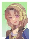  1girl :d anelace_elfead armor border brown_hair commentary curtained_hair eiyuu_densetsu english_commentary gradient_background green_background hairband highres looking_at_viewer open_mouth outside_border parted_bangs pauldrons purple_eyes qian_ko short_hair shoulder_armor simple_background single_pauldron smile solo sora_no_kiseki upper_body white_border yellow_hairband 