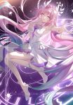  1girl absurdres aqua_hair breasts chinese_commentary commentary_request cyrene_(demiurge)_(honkai:_star_rail) cyrene_(honkai:_star_rail) diamond-shaped_pupils diamond_(shape) fengzianchui flower hair_flower hair_ornament halo high_heels highres honkai:_star_rail honkai_(series) large_breasts long_hair looking_at_viewer multicolored_hair pink_hair purple_eyes sky solo star_(sky) starry_sky symbol-shaped_pupils very_long_hair white_hair 