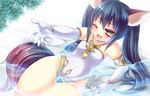  animal_ears bare_shoulders black_hair breasts cat_ears elbow_gloves elin_(tera) gloves long_hair one-piece_swimsuit one_eye_closed sanom small_breasts solo swimsuit tail tera_online thick_thighs thighs twintails wide_hips yellow_eyes 
