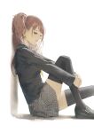  1girl against_wall black_sailor_collar black_shirt black_shoes black_thighhighs brown_eyes brown_hair commentary_request earrings fagi_(kakikaki) foot_out_of_frame from_side grey_skirt hands_on_own_leg highres houndstooth jewelry knee_up kujikawa_rise loafers long_hair long_sleeves looking_at_viewer looking_to_the_side miniskirt open_mouth outstretched_leg own_hands_together partial_commentary persona persona_4 pink_lips sailor_collar school_uniform shirt shoes sideways_glance simple_background sitting skirt smile solo thighhighs twintails white_background yasogami_school_uniform zettai_ryouiki 
