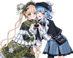  2girls :d ;d asymmetrical_legwear bag bird_hat_ornament black_bag black_bow black_bowtie black_capelet black_flower black_hat black_pantyhose black_rose blonde_hair blue_hair blue_necktie blue_skirt bonnet bow bow_flower bowtie braid braided_hair_rings capelet cheek-to-cheek chinstrap closed_mouth collared_shirt commentary_request contrast_collar cowboy_shot crossbody_bag deerstalker dress flower flower-trimmed_dress flower-trimmed_skirt frilled_capelet frilled_dress frilled_skirt frilled_sleeves frills furrowed_brow green_bonnet green_eyes grey_vest hair_bow hair_flower hair_ornament hair_rings hat hat_bow heads_together heart heart_hands highres holding_hands layered_dress layered_skirt lolita_fashion long_hair long_sleeves looking_at_viewer mahou_shoujo_no_majo_saiban multiple_girls necktie one_eye_closed open_mouth pantyhose plaid_clothes plaid_skirt rose shipua_(the_worst_night_ever) shirt short_hair simple_background single_leg_pantyhose skirt smile tachibana_sherry tono_hanna tulip twintails two-tone_dress vest white_background white_flower white_rose white_shirt white_tulip wide_sleeves winged_hat yellow_eyes yellow_flower yellow_rose yuri 