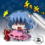  1girl blue_hair chibi commentary hat hat_removed headwear_removed minigirl noai_nioshi open_mouth remilia_scarlet scissors shaded_face short_hair solo surprised sweat touhou |_| 