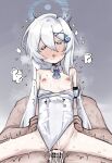  1boy 1girl :o ? arm_held_back bar_censor blue_archive blue_eyes blue_halo blue_ribbon censored clothes_pull clothing_aside colored_eyelashes cum cum_in_pussy cum_overflow detached_collar distorted_halo double-parted_bangs fami_miminmin flat_chest full_face_makeup grabbing_another's_arm grey_background hair_between_eyes hair_ornament halo heart hetero highleg highleg_one-piece_swimsuit highres long_hair narrowed_eyes neck_ribbon nipples one-piece_swimsuit one-piece_swimsuit_pull open_mouth orca_hair_ornament penis reverse_upright_straddle ribbon sayuri_(blue_archive) simple_background spoken_question_mark spread_legs steaming_body stomach_bulge sweat swimsuit swimsuit_aside testicles trembling veins veiny_arms white_eyelashes white_hair white_one-piece_swimsuit x_hair_ornament 
