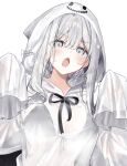  1girl bikini black_bikini black_bow bow breastless_ghost_costume breasts commentary_request fang grey_eyes grey_hair kazutake_hazano long_hair looking_at_viewer medium_breasts open_mouth original simple_background swimsuit white_background 