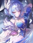  1girl artist_name asymmetrical_gloves bare_shoulders blue_gloves blue_hair blue_leotard breasts cleavage closed_mouth commentary expressionless fur_collar gauntlets genshin_impact gloves hair_bun hair_ornament highres leotard looking_at_viewer medium_breasts medium_hair odette_(genshin_impact) osir_(owlsirist) purple_eyes single_gauntlet single_glove single_hair_bun skirt smile solo untranslatable_commentary upper_body white_skirt 