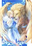  1boy absurdres ascot avesaoi bird blonde_hair blue_shirt closed_eyes closed_mouth commentary eagle english_commentary fur_trim genshin_impact highres ikhor_(genshin_impact) lion long_sleeves male_focus shirt short_hair white_ascot yellow_fur 