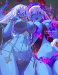  2girls armor bare_shoulders belly_chain bikini_armor blue_eyes blue_fire blue_hair blue_skin blush bracelet breasts chakram cleavage club_(weapon) colored_inner_hair colored_skin commentary earrings english_commentary extra_arms fangs fate/grand_order fate_(series) fire flower glowing glowing_eyes hair_flower hair_ornament hair_ribbon highres jewelry kali_(fate) kama_(adult)_(fate) kama_(fate) kama_(swimsuit_avenger)_(third_ascension)_(fate) large_breasts long_hair long_tongue looking_at_viewer lotus multicolored_hair multiple_girls navel neck_ring necklace notcy4n open_mouth polearm revealing_clothes ribbon saliva sash smile snake spear star_(symbol) star_earrings teeth thighs third_eye tongue tongue_out two-tone_hair upper_teeth_only very_long_hair weapon white_hair yellow_eyes 