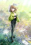  1girl absurdres black_bodysuit black_boots blue_eyes bodysuit boots breasts brown_hair cleavage closed_mouth clover commentary_request daffodil eunie_(xenoblade) field flower flower_field four-leaf_clover full_body green_jacket head_wings highres holding holding_flower jacket large_breasts long_hair looking_up open_clothes open_jacket smile sofusan1526 solo standing wings xenoblade_chronicles_(series) xenoblade_chronicles_3 