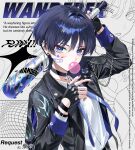  1boy absurdres alternate_costume arm_up badge bandaid bandaid_on_cheek bandaid_on_face baseball_bat belt bishounen black_belt black_choker black_gloves black_hair black_jacket black_sleeves blood blood_on_face blowing_bubble_gum blue_necktie blue_pupils blunt_ends buttons casual chain character_name chewing_gum choker collared_jacket collared_shirt commentary contemporary cover cover_page curled_fingers dd_bsd different_zoom_layer ear_piercing earclip earrings english_text eyeliner eyeshadow facial_mark fake_cover fake_magazine_cover fingerless_gloves fingernails genshin_impact gloves grey_background hair_between_eyes hair_intakes hand_up highres holding holding_baseball_bat jacket jewelry lapels long_sleeves looking_at_viewer magazine_cover makeup male_focus metal_baseball_bat multicolored_hair nail_(hardware) nail_polish necktie open_clothes open_hand open_jacket over_shoulder paw_print piercing portrait purple_eyes purple_hair purple_nails purple_necktie red_eyeliner red_eyeshadow scaramouche_(cat)_(genshin_impact) scaramouche_(genshin_impact) shirt short_hair sleeve_zipper solo spiked_ear_piercing star_(symbol) star_choker star_facial_mark star_sticker sticker sticker_on_face streaked_hair striped_clothes striped_necktie teeth text_background tsurime twitter_username undershirt undone_necktie untranslatable_commentary upper_body wanderer_(genshin_impact) weapon weapon_over_shoulder white_background white_shirt wolf_cut wrist_belt wristband zipper_pull_tab zoom_layer 
