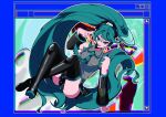  1girl absurdres aqua_eyes aqua_hair aqua_nails aqua_necktie aqua_trim bare_shoulders black_shoes black_sleeves blue_background commentary detached_sleeves eiku english_commentary grey_shirt hair_between_eyes hair_ornament hatsune_miku headset highres loafers long_hair looking_at_viewer necktie negative number_tattoo pleated_skirt shirt shoes skirt smile solo tattoo thighhighs twintails v very_long_hair vocaloid window_(computing) 