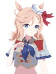  1girl absurdres animal_ears blonde_hair blue_eyes blue_neckerchief bow braid braided_bangs commentary_request crop_top dixie_cup_hat ear_bow ears_through_headwear emk7 hat highres horse_ears horse_girl looking_at_viewer midriff military_hat mini_hat navel neckerchief red_bow sailor_hat simple_background solo tilted_headwear umamusume upper_body venus_paques_(umamusume) white_background white_hat 