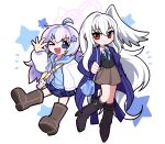  >_o 2girls :d alternate_costume bag black_boots black_vest blue_archive blue_bag blue_coat blue_hair blue_hoodie blue_ribbon blue_skirt blush boots brown_boots brown_skirt casual character_charm charm_(object) closed_mouth coat collared_shirt commentary_request deformed drawstring full_body hair_between_eyes hair_ornament halo hand_up head_wings highres hood hood_down hoodie jacket knee_boots lapels long_coat long_hair long_sleeves low_twintails mole mole_under_eye multicolored_hair multiple_girls neck_ribbon notched_lapels notice_lines one_eye_closed open_clothes open_hand open_jacket open_mouth pink_halo plaid_clothes plaid_skirt purple_eyes purple_hair quilted_jacket red_eyes reisa_(blue_archive) ribbon shirt shoulder_bag simple_background single_head_wing skirt smile standing star_(symbol) star_hair_ornament star_halo suzumi_(blue_archive) twintails two-tone_hair v-shaped_eyebrows very_long_hair vest white_background white_hair white_jacket white_shirt wings yellow_bag yusa_(be2001) 