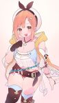  1girl :d atelier_(series) atelier_ryza bare_shoulders belt beret black_bow blush boots bow breasts brown_belt brown_boots brown_eyes brown_gloves brown_hair cleavage collarbone eyebrows_hidden_by_hair feet_out_of_frame flask gloves hair_between_eyes hair_bow hair_ornament hairclip hand_up hat highres jacket jewelry large_breasts leather_belt looking_at_viewer medium_hair navel necklace open_clothes open_jacket open_mouth red_shorts reisalin_stout shirt short_shorts shorts sidelocks simple_background single_glove sleeveless sleeveless_jacket smile solo standing star_(symbol) star_necklace teeth thigh_boots thigh_gap thighhighs thighs upper_teeth_only valentine_(02140314c) white_background white_hat white_shirt white_thighhighs yellow_jacket 