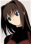  1girl :t aji_n aozaki_aoko black_sweater blue_eyes brown_hair closed_mouth commentary_request dress grey_background hair_intakes highres long_hair mahou_tsukai_no_yoru red_dress simple_background solo sweater turtleneck turtleneck_sweater upper_body 