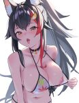  1girl animal_ear_fluff animal_ears bikini bikini_top_pull black_choker black_hair breasts choker cima_(pixiv_103778003) clothes_pull commentary flashing front-tie_bikini_top front-tie_top hair_ornament highres hololive large_breasts leaf_print long_hair looking_at_viewer maple_leaf_print multicolored_hair navel nipples official_alternate_costume official_alternate_hairstyle one_breast_out ookami_mio ookami_mio_(hololive_summer_2019) open_mouth ponytail print_bikini pulling_own_clothes red_hair red_streaks sidelocks simple_background single_hair_streak solo streaked_hair string_bikini swimsuit tongue tongue_out two-tone_hair upper_body virtual_youtuber white_background wolf_ears wolf_girl yellow_eyes 