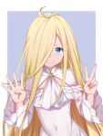  1girl ahoge alt_text arsti_11 blonde_hair blue_eyes commentary covered_navel dress english_commentary fang fang_out grey_background hair_over_one_eye hands_up highres long_hair long_sleeves looking_at_viewer re:zero_kara_hajimeru_isekai_seikatsu rui_arneb simple_background smile solo white_dress 