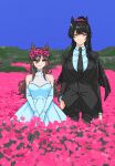  2girls animal_ears black_hair black_jacket black_necktie black_pants blue_sky breasts bride brown_hair choker cleavage collared_shirt commentary_request day dress elbow_gloves expressionless field flower flower_field gloves green_eyes groom hair_between_eyes hair_over_shoulder hand_in_pocket head_wreath high_ponytail highres horse_ears jacket korean_commentary mountainous_horizon multiple_girls narita_brian_(umamusume) necktie noca_nokcha outdoors own_hands_together pants pink_flower ponytail samson_big_(umamusume) shirt sky smile standing straight-on umamusume wedding_dress white_choker white_dress white_gloves white_shirt wife_and_wife yellow_eyes yuri 